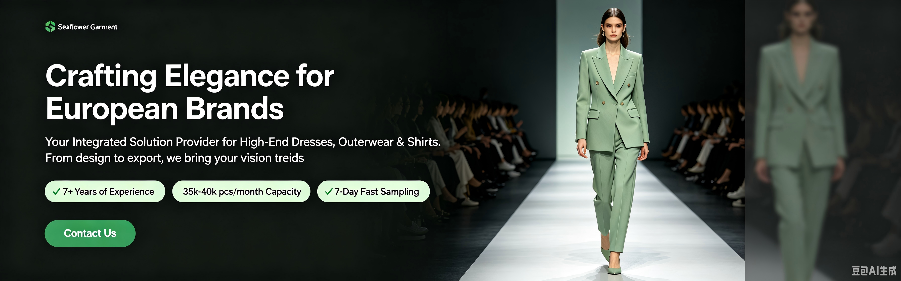 Model in tailored mint green suit on runway